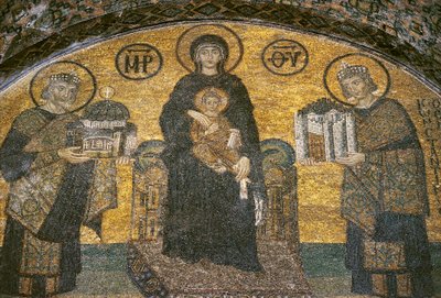 Panna a dítě mezi císaři Justiniánem a Konstantinem v Hagia Sophia (mozaika) od Byzantine
