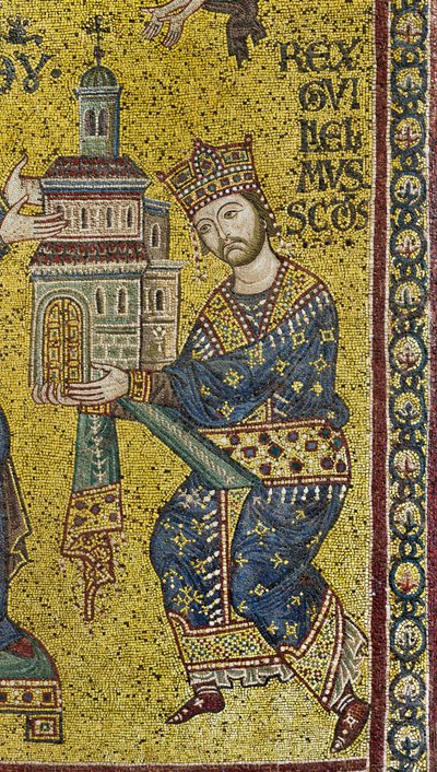 transept: byzantská mozaika, která zobrazuje krále Viléma II. nabízejícího katedrálu Panně Marii, detail (mozaika) od Byzantine