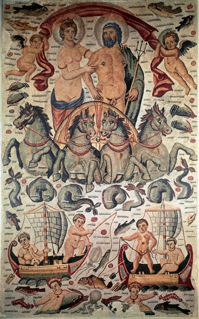 Byzantské umění: Triumf Neptuna a Amfitritu. Neptun a Amphitrite nazí na tanku vypáleném čtyřmi mořskými koňmi. Mozaika 3. století. Rozměr: 3,1 x 1,96 m. Muzeum Louvre, Paříž od Byzantine Byzantine