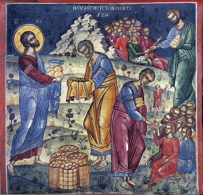 La multiplication des pains - Zázrak pěti chlebů a dvou ryb - byzantský mistr - 16. století - freska - klášter Dionysiou, hora Athos od Byzantine Byzantine