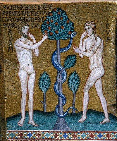 Adam a Eva. Pád, 1140-1170. od Byzantine Master.