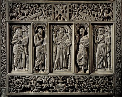 Byzantské umění: „Svatý Jan Křtitel a čtyři evangelisté““ nižší detail Stolice Eveque of Ravenna Maximien (546-554) biskupský trůn (kathedra) ze slonoviny, pravděpodobně realizuje Konstantinopolské Ravenna, Museo Arcivescovile (byzantské umění od Byzantine School