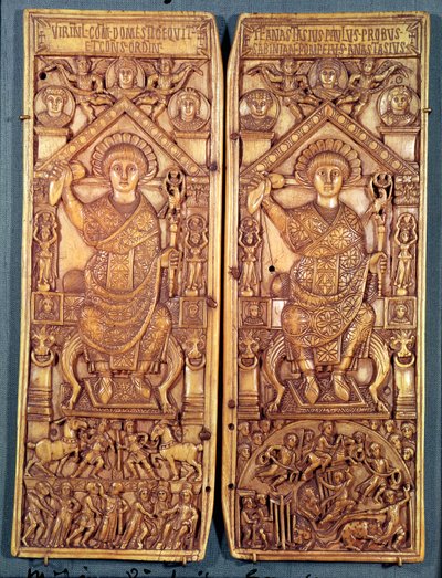 Konzulární diptych Anastasia (491-518) vytesaný v Konstantinopoli, theodosiánský styl, 517 n.l. od Byzantine School