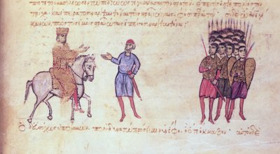 MMS Vitr 26-7 Byzantská armáda vydává na útěk Bulharům z Tzar Krum z madridských Skylitzes (inkoust a zlato na pergamenu) od Byzantine School