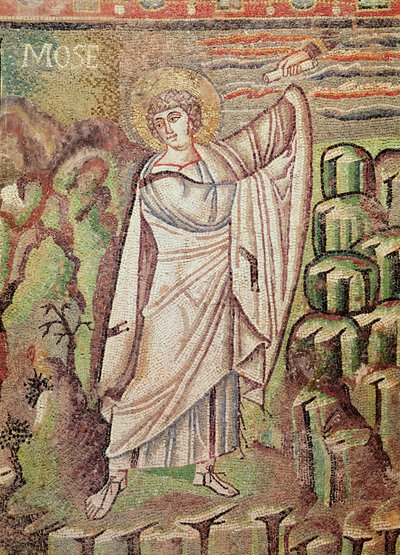 Mojžíš na hoře Sinaj, postava nad lunetou zobrazující Abrahamovu pohostinnost a oběť Izáka, 6. století (mozaika) (detail 154709) od Byzantine School