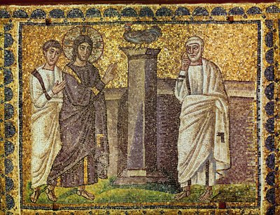 Zapření svatého Petra, Ježíš a apoštol, kohout na sloupu, 6. století (mozaika) od Byzantine School