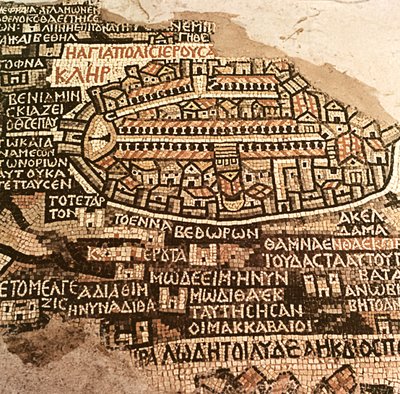 Město Jeruzalém a okolí, detail z mapy mozaiky Madaba, byzantský, 6. století (mozaika) od Byzantine School