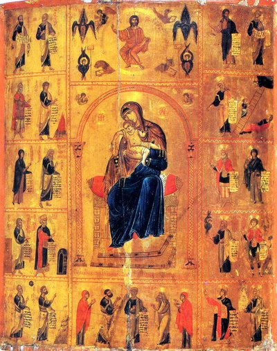 Panna a dítě se svatými, počátek 12. století. od Byzantine icon.