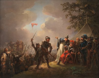 Legenda o dánské vlajce (Dannebrog) padající z nebes během bitvy u Lyndanisse (Tallinn) v Estonsku v roce 1219 od C.A. Lorentzen