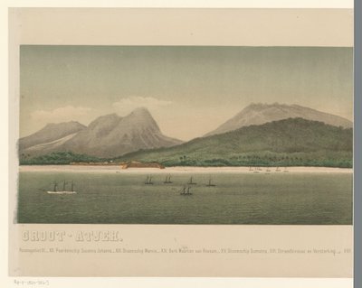 Pohled na pobřeží Velkého Acehu s flotilou první expedice Aceh u pobřeží, část třetí The Greater Aceh Road (název na objektu) od C.A. Whitten