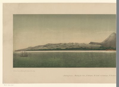 Pohled na pobřeží Velkého Acehu s flotilou První expedice Aceh u pobřeží, část první The Greater Aceh Road (název na objektu) od C.A. Whitten