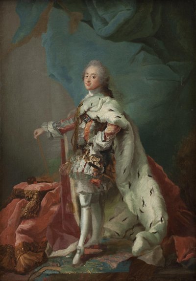 Dánský král Frederik V. v róbě pomazání od C.G. Pilo