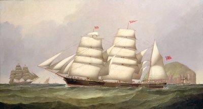 Barque "Undaunted" u Ailsa Craig, s obchodními loděmi za ní od C.H. Fyfe