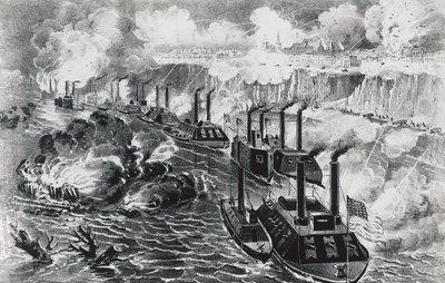 Flotila admirála Davida Dixona Portera provozující rebelskou blokádu na Mississippi u Vicksburgu, 16. dubna od J.B. and Brown J. Rowbotham
