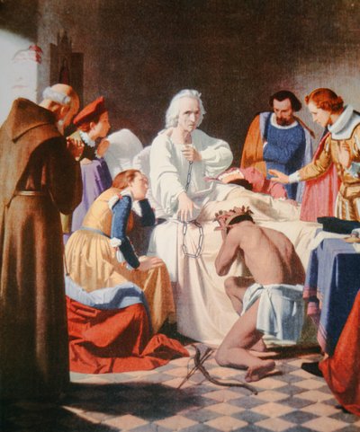 Kolumbus na smrtelné posteli, držící řetězy, ve kterých se vrátil ze své třetí cesty (barva litho) od J.B. and Brown J. Rowbotham
