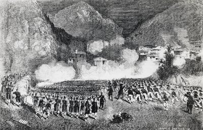 Divize generála Giacoma Mediciho útočí na Levico Terme, Trentino-Alto Adige, červenec 1866, třetí válka za nezávislost, rytina, Itálie od J.B. and Brown J. Rowbotham