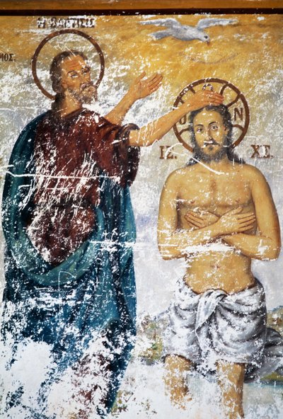 Ježíše křtí svatý Jan, freska v kostele kláštera svatého Jana teologa (Seznam světového dědictví UNESCO od J.B. and Brown J. Rowbotham