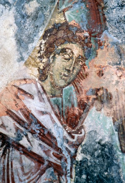 Mužská postava, poškozená freska na stropě kostela Agios Vasileios, Vavouledo, Kréta, Řecko (foto) od J.B. and Brown J. Rowbotham