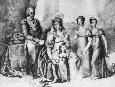 Portrét Viktora Emanuela I., krále Sardinie a vévody Savojského, Piemontu a Aosty, s manželkou Marií Terezií Rakousko-Este a jeho dcerami, Marií Terezií Savojskou (1803-1879), Marií Annou Savojskou a Marií Cristinou Savojskou , rytina od J.B. and Brown J. Rowbotham