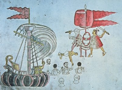 Španělští vojáci Hernana Cortese se v roce 1519 brodí na břeh, aby bojovali s Aztéky, okopírované z Codexu Azcatitlan, kolem roku 1550 (barevné litho) od J.B. and Brown J. Rowbotham