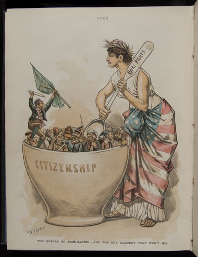 Malta asimilace – a jeden prvek, který se nemíchá, ilustrace z časopisu Puck, 26. června 1889 od C.J. Taylor