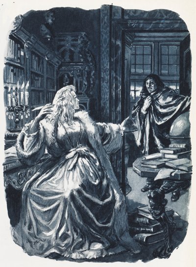 Kristýna Švédská povolala filozofa Descarta, aby ji třikrát týdně poučoval (barevná litografie) od C.L. Doughty