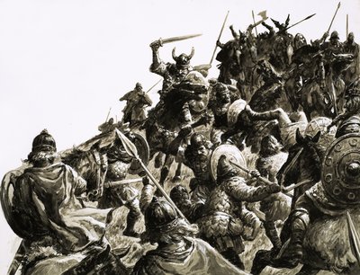 Útok dánských Vikingů na britská vojska pod vedením krále Alfréda od C.L. Doughty