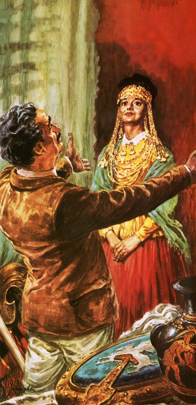 Heinrich Schliemann zdobí svou ženu ozdobami vykopané na místě starověké Tróje od C.L. Doughty