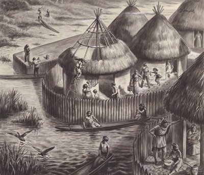Obyvatelé jezera v Glastonbury (kvaš na papíře) od C.L. Doughty