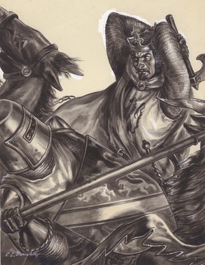 Robert Bruce se chystá zabít sira Henryho de Bohun () (kvaš na papíře) od C.L. Doughty