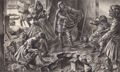 Sasové rabující starou římskou vilu (kvaš na papíře) od C.L. Doughty