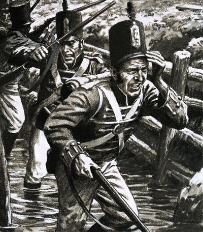 Vojáci v zaplavených britských liniích u Flushingu od C.L. Doughty