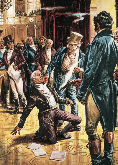 Spencer Perceval zavražděn Johnem Bellinghamem v Dolní sněmovně. od C.L. Doughty