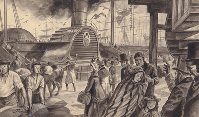 Parní loď Cunard Companys Britannia, která v roce 1840 zahájila čtrnáctidenní plavbu do Ameriky (kvaš na papíře) od C.L. Doughty
