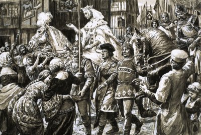 Angličané vítají povstaleckou armádu královny Isabelly a Rogera Mortimera. od C.L. Doughty