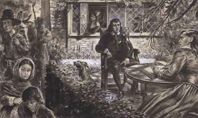 Básník John Milton na zahradě se svými dcerami (kvaš na papíře) od C.L. Doughty