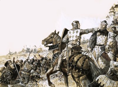 Neidentifikovaná bitevní scéna s vojákem mířícím na krále od C.L. Doughty