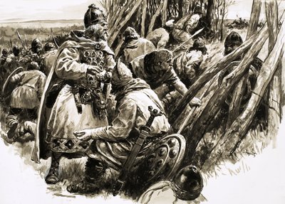 S malou skupinou věrných stoupenců se král Alfréd stáhl do bažin. od C.L. Doughty