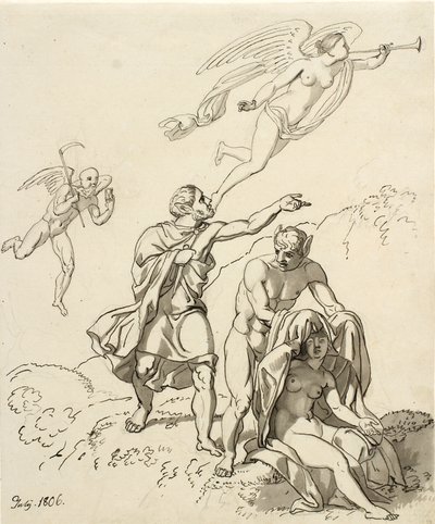 Alegorická skladba; dvojice mladých mužů s oslíma ušima a sedící nahá žena, v pozadí se vznáší čas a fauna od Christoffer Wilhelm Eckersberg