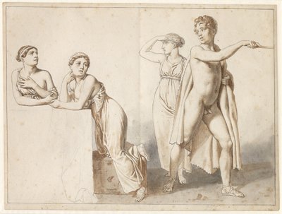 Čtyři studiové figurky, tři ženy a jeden muž v antických kostýmech. od Christoffer Wilhelm Eckersberg