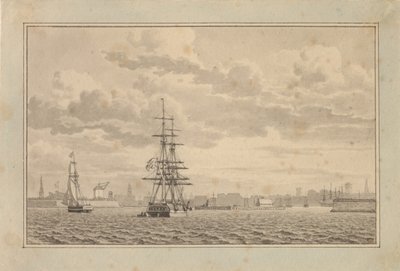 Kodaň při pohledu z Yderhavnenu s kotvící brigou a plachetnicí. od Christoffer Wilhelm Eckersberg