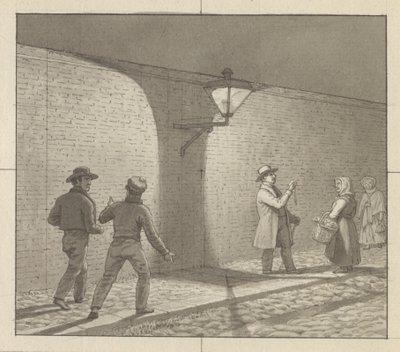 Lineární perspektiva aplikovaná na malířské umění, deska VIII, obr. 1 - Noční provoz pod pouliční lampou. od Christoffer Wilhelm Eckersberg