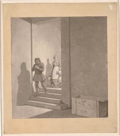 Muž na cestě dolů po schodech, v pozadí žena a dítě od Christoffer Wilhelm Eckersberg