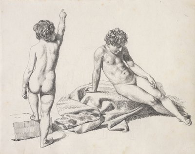 Dvě nahé holčičky, jedna sedící při pohledu zepředu, druhá stojící při pohledu zezadu od Christoffer Wilhelm Eckersberg