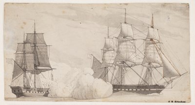Dvě válečné lodě v bitvě (anglická fregata Shannon a americká fregata Chesapeak?) od Christoffer Wilhelm Eckersberg