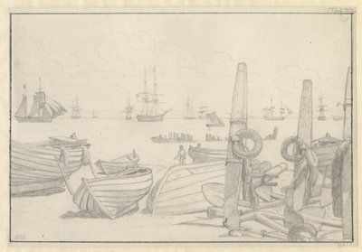 Pohled z pláže jižně od Helsingøru směrem ke strážní lodi, briga "Falster". od Christoffer Wilhelm Eckersberg