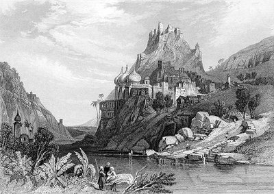 Ruiny v Ettaii, údajně způsobené bojem mezi Krišnou a Kali, vyryté E. Findenem, z „World Religion“, vydané A. Fullarton & Co. (rytina) od C. (after) Stanfield