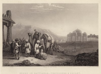 Scéna v Kattiawar, Travelers and Escort (rytina) od C. (after) Stanfield