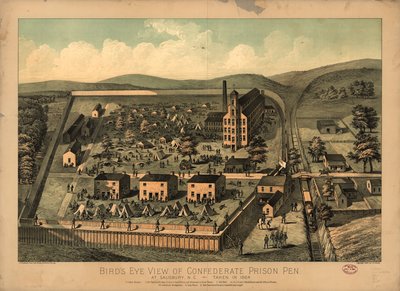 Pohled z ptačí perspektivy na konfederační vězeňské pero v Salisbury, NC, pořízené v roce 1864 od C. A.; J.H. BuffordS Sons Lith Kraus