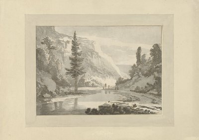 Horská krajina s pastýři na břehu řeky od C. Brouwer